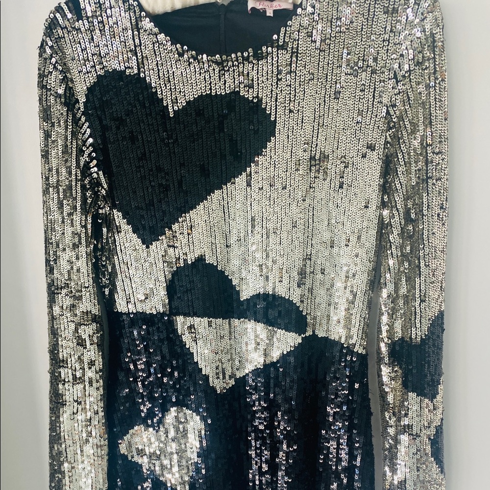 Parker Silver and Black Sequin Long Sleeve Dress with Heart Motif